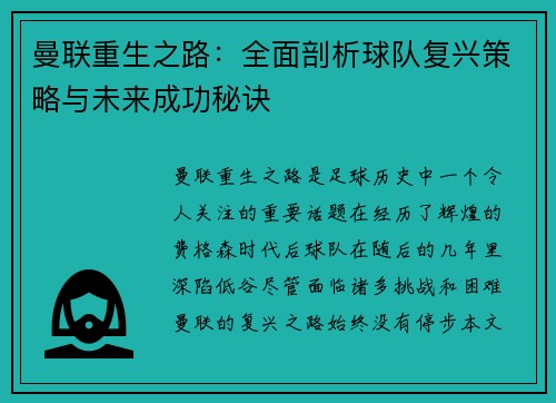 曼联重生之路：全面剖析球队复兴策略与未来成功秘诀