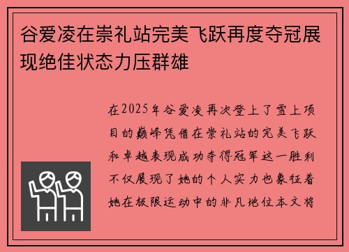 谷爱凌在崇礼站完美飞跃再度夺冠展现绝佳状态力压群雄 谷爱凌在崇礼站完美飞跃再度夺冠展现绝佳状态力压群雄